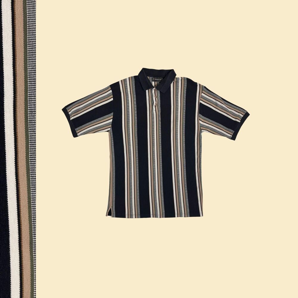 Vintage 90s XL polo shirt, Pinnacle 1990s striped black/green short sleeve top